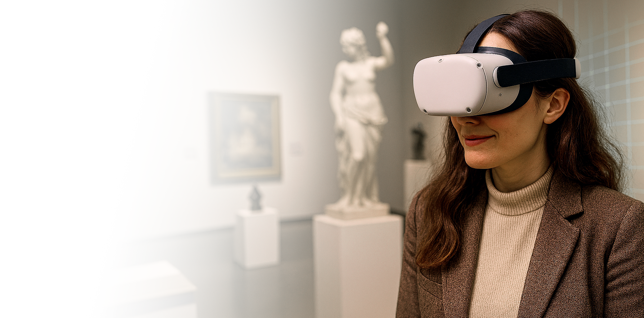 Hero Background: Woman wearing VR headset in an art museum